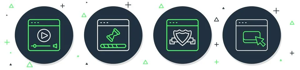 Set line Loading data window, Browser with shield, Online play video and fi.. 스톡 일러스트
