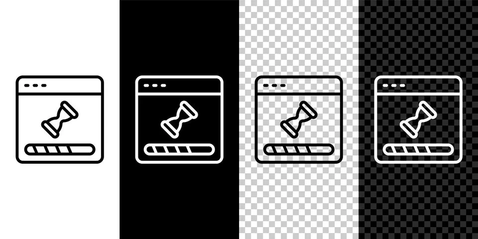 Set line Loading a data window with a progress bar icon isolated on black a.. Illustrazione stock