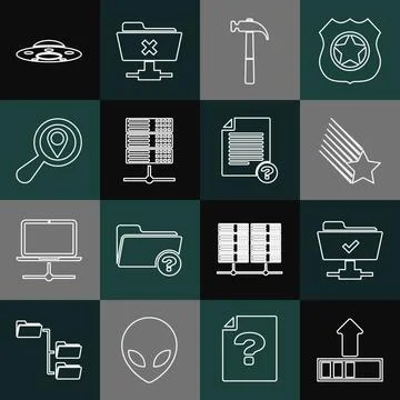 Set line Loading, FTP operation successful, Falling star, Hammer, Server, Data Illustrazione stock