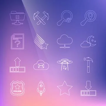 Set line Loading, Hammer, Cloud with moon and stars, Search location, Falling 库存插图