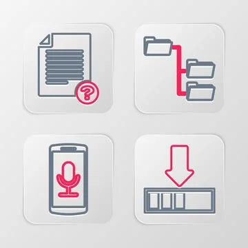 Set line Loading, Mobile recording, Folder tree and Unknown document icon. .. Illustrazione stock