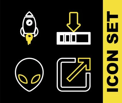 Set line Loading, Open new window, Alien and Rocket ship with fire icon. Vector Stock Illustration