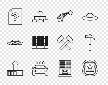 Set line Loading, Police badge, Falling star, Car wash, Unknown document, S.. Stock Illustration