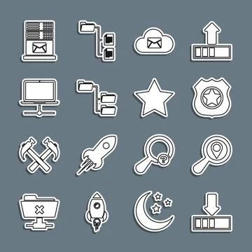 Set line Loading, Search location, Police badge, Cloud mail server, Folder tree 스톡 일러스트