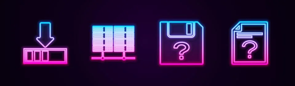 Set line Loading, Server, Data, Web Hosting, Unknown document and . Glowing neon Stock Illustration