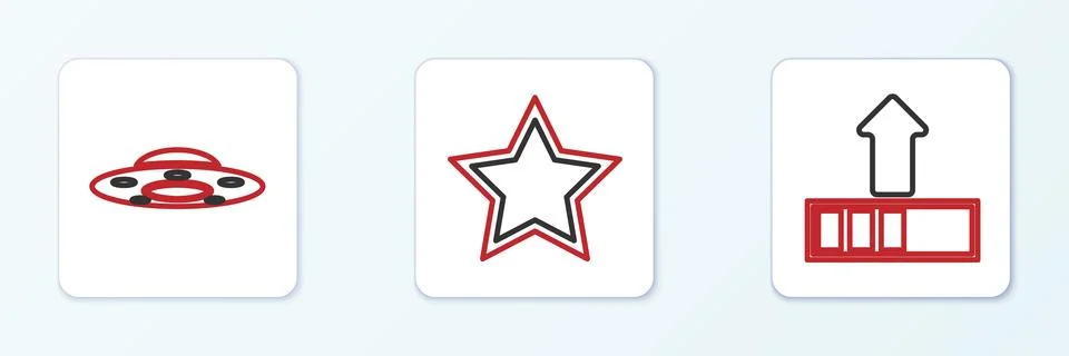 Set line Loading, UFO flying spaceship and Star icon. Vector Illustrazione stock