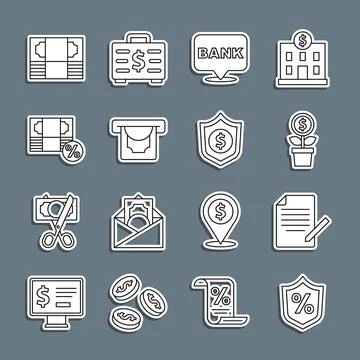 Set line Loan percent, Document and pen, Dollar plant, Bank building, ATM m.. Illustration
