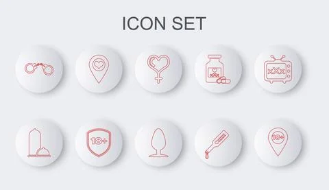Set line Location with 18 plus, Condoms safe sex, Female gender and heart Stock Illustration