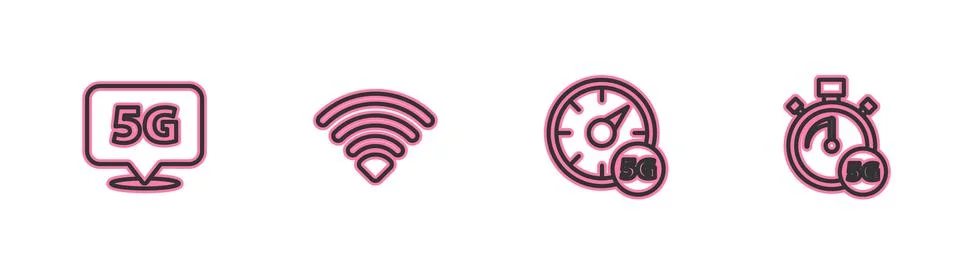 Set line Location 5G network, Digital speed meter, Wi-Fi wireless and icon Stock Illustration