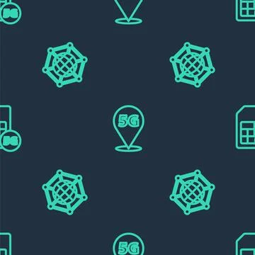 Set line Location 5G network, Social and Sim Card on seamless pattern. Vector Stockillustratie