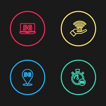Set line Location 5G network, Digital speed meter,  and Laptop with icon. Vec Stock Illustration
