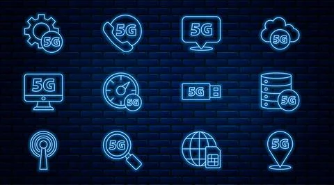 Set line Location 5G network, Server, Digital speed meter, Monitor with, Sett Stock Illustration