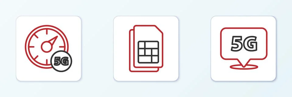 Set line Location 5G network, Digital speed meter and Sim card icon. Vector 스톡 일러스트
