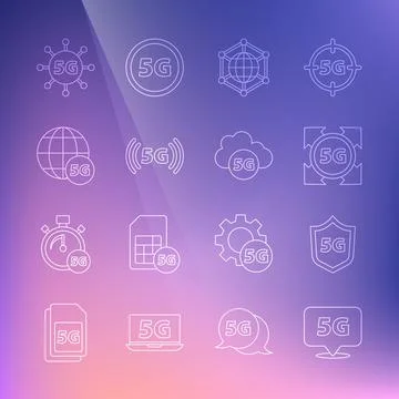 Set line Location 5G network, Protective shield, Social, and Cloud icon. Vector Stockillustratie