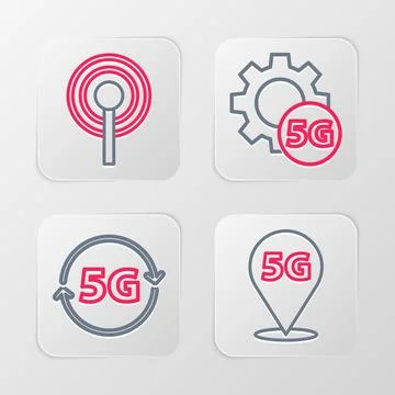 Set line Location 5G network, Setting and Antenna icon. Vector Stock Illustration