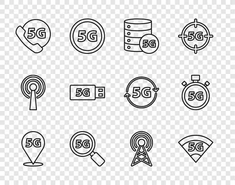 Set line Location 5G network, Server, Search, Phone with, modem, Antenna an.. Stock Illustration