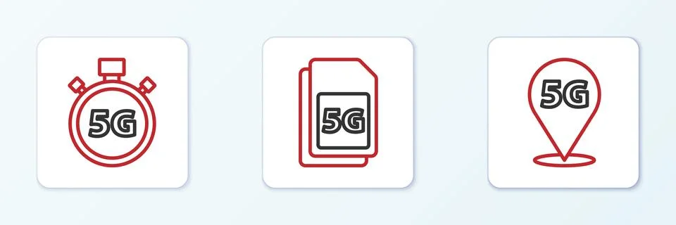 Set line Location 5G network, Digital speed meter and Sim Card icon. Vector イラスト素材