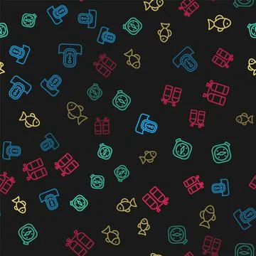 Set line Location with anchor, Compass, Fish and Aqualung on seamless pattern Stock Illustration