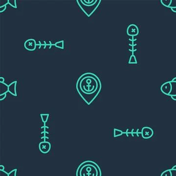 Set line Location with anchor, Dead fish and Fish on seamless pattern. Vector イラスト素材