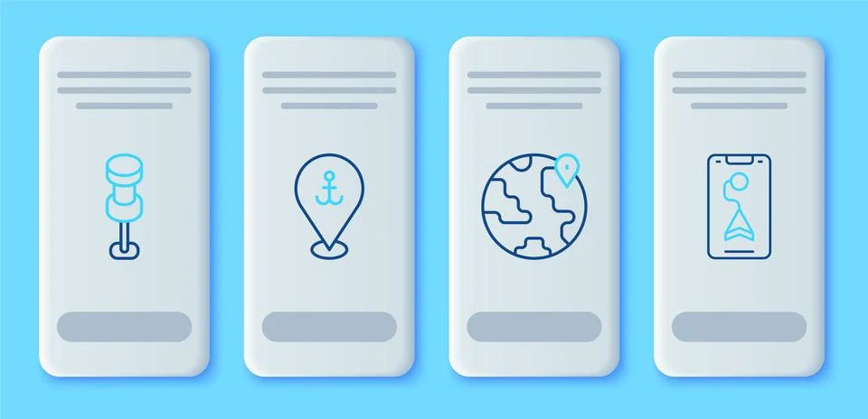 Set line Location with anchor, the globe, Push pin and City map navigation .. Stock Illustration