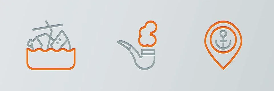 Set line Location with anchor, Sinking cruise ship and Smoking pipe icon. Vector Stockillustratie