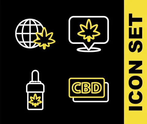 Set line Location and cannabis, Cannabis molecule, Marijuana or olive oil and Stock Illustration