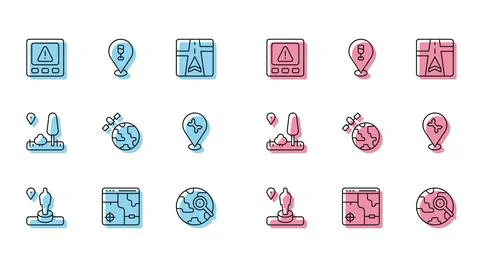 Set line Location and monument, Gps device error, Magnifying glass with glo.. Stock Illustration