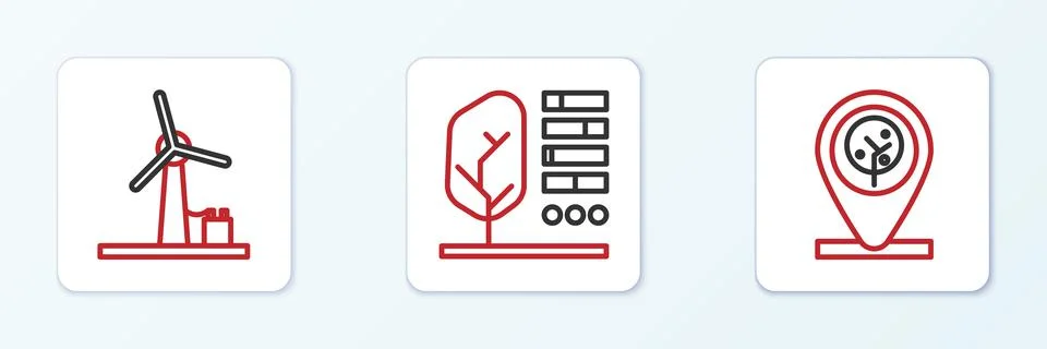 Set line Location and tree, Wind turbine and Plant status icon. Vector Stock Illustration