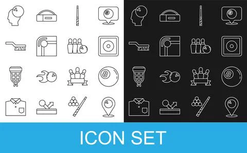 Set line Location with bowling ball, Billiard, chalk, cue, table, Pool brush Stock Illustration