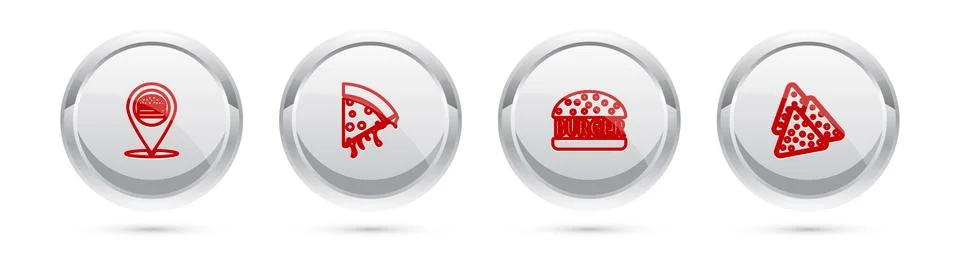 Set line Location with burger, Slice of pizza, Burger and Nachos. Silver circle Stock Illustration