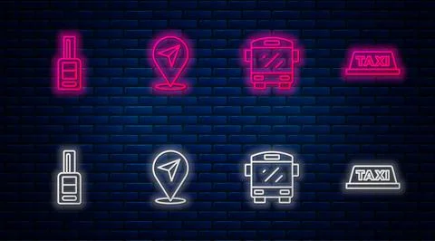 Set line Location, Bus, Car key with remote and Taxi car roof. Glowing neon icon Stock-Illustration