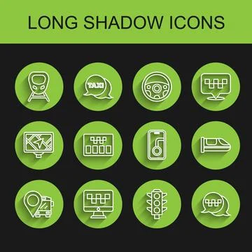 Set line Location with bus, Computer call taxi service, High-speed train Illustrazione stock