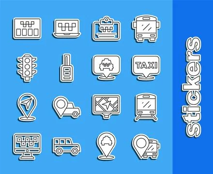 Set line Location with bus, Train, taxi, Taxi driver license, Car key remot.. Stock-Illustration