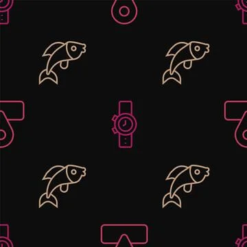 Set line Location for camping, Fish and Wrist watch on seamless pattern. Vector Stock Illustration