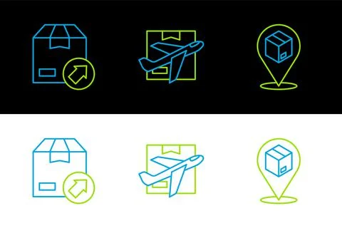 Set line Location with cardboard box, Carton and Plane and icon. Vector Illustrazione stock