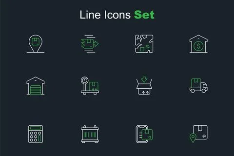 Set line Location with cardboard box, Document tracking marker, Container, .. 库存插图