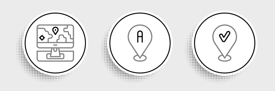 Set line Location with check mark, Monitor location marker and icon. Vector Stock Illustration
