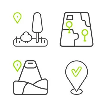 Set line Location with check mark, mountain, City map navigation and icon Stock Illustration