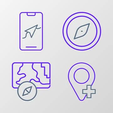 Set line Location, City map navigation, Compass and icon. Vector Stock Illustration