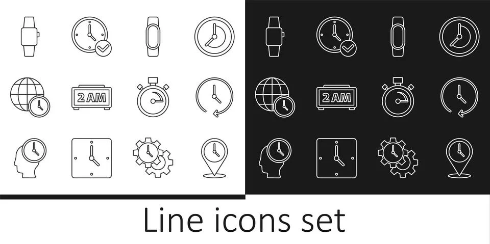 Set line Location with clock, Clock, Smartwatch, Digital alarm, World time Illustrazione stock