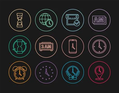Set line Location with clock, Clock, Calendar check mark, Digital alarm, Old Illustrazione stock
