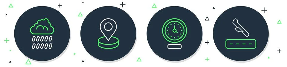 Set line Location, Clock, Cloud with rain and Plane landing icon. Vector Illustrazione stock