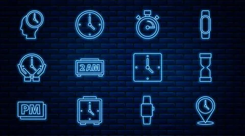 Set line Location with clock, Old hourglass, Stopwatch, Digital alarm, Clock Stock Illustration