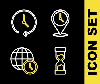 Set line Location with clock, Old hourglass, World time and Clock icon. Vecto Stock Illustration
