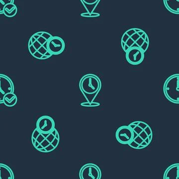 Set line Location with clock, World time and Clock on seamless pattern. Vector Stock Illustration
