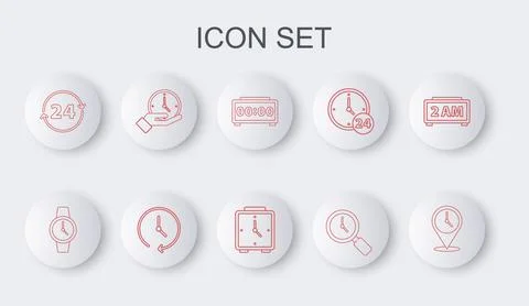 Set line Location with clock, Wrist watch, Digital alarm, Magnifying glass,.. Illustrazione stock