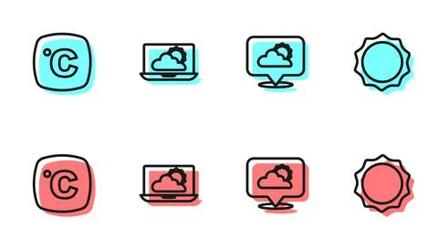 Set line Location cloud, Celsius, Weather forecast and Sun icon. Vector Stock Illustration