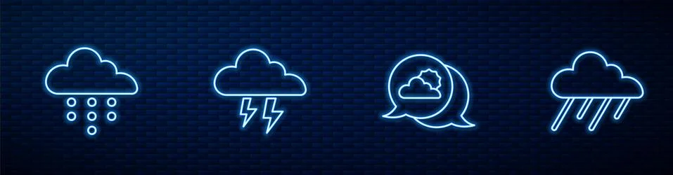 Set line Location cloud, Cloud with rain, Storm and . Glowing neon icon on brick Illustrazione stock
