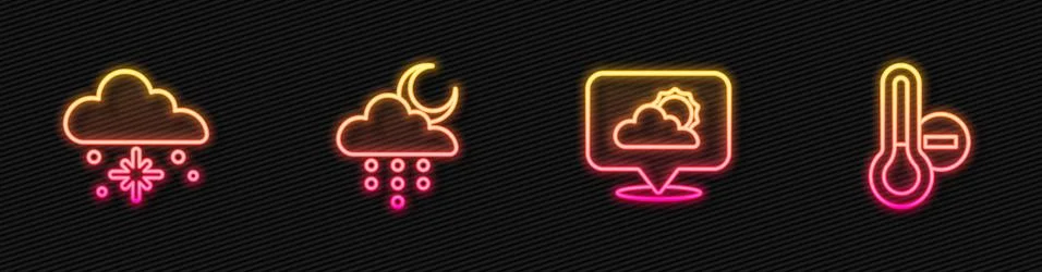 Set line Location cloud, Cloud with snow, rain and moon and Meteorology Illustrazione stock