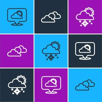 Set line Location cloud, Cloud with snow and sun and Sun weather icon. Vector Illustrazione stock